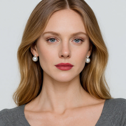 Model styled with ice drop poem freshwater pearl earrings in sterling silver, both ears glowing with soft bridal beauty | MINTING Jewelry