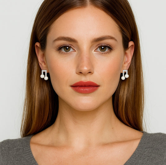 Woman with front view styled in nightingale music pearl earrings, sterling silver and pearls creating bridal elegance | MINTING Jewelry