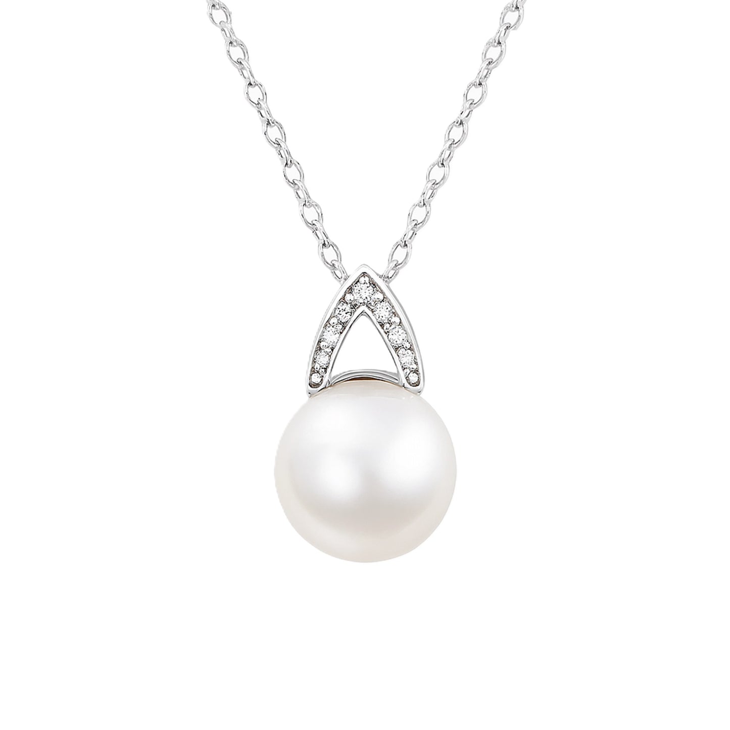 Elegant freshwater pearl pendant necklace featuring near-round pearl and sterling silver clasp.
