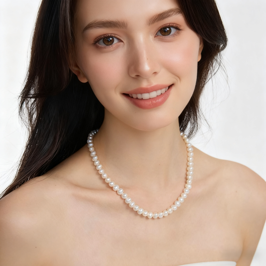 Elegant model wearing a freshwater pearl necklace, 6–7mm size pearls aligned evenly around the neck.