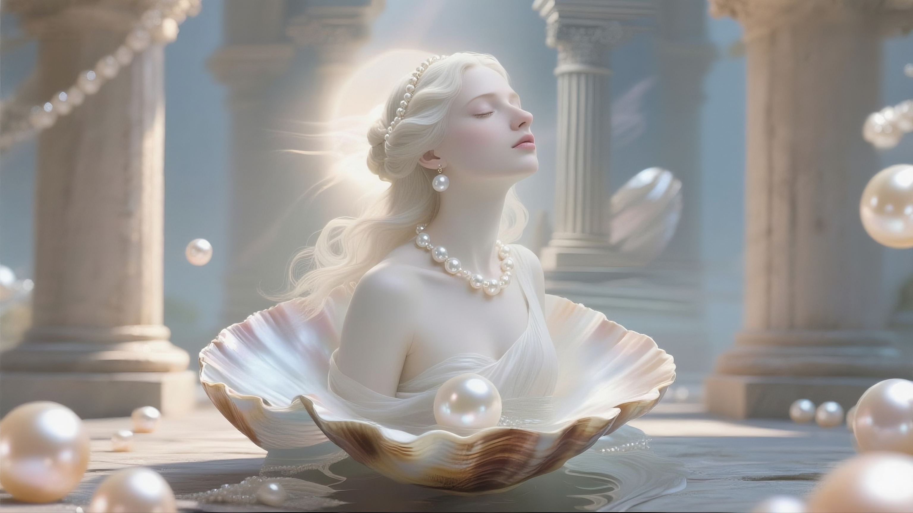 Elegant pearl necklace displayed on a minimalist homepage banner for Minting jewelry collection.