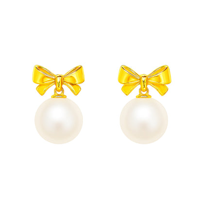 Feminine sterling silver freshwater pearl stud earrings designed for daily wear and many occasions– bowknot gravity by MINTING