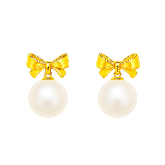Feminine sterling silver freshwater pearl stud earrings designed for daily wear and many occasions– bowknot gravity by MINTING