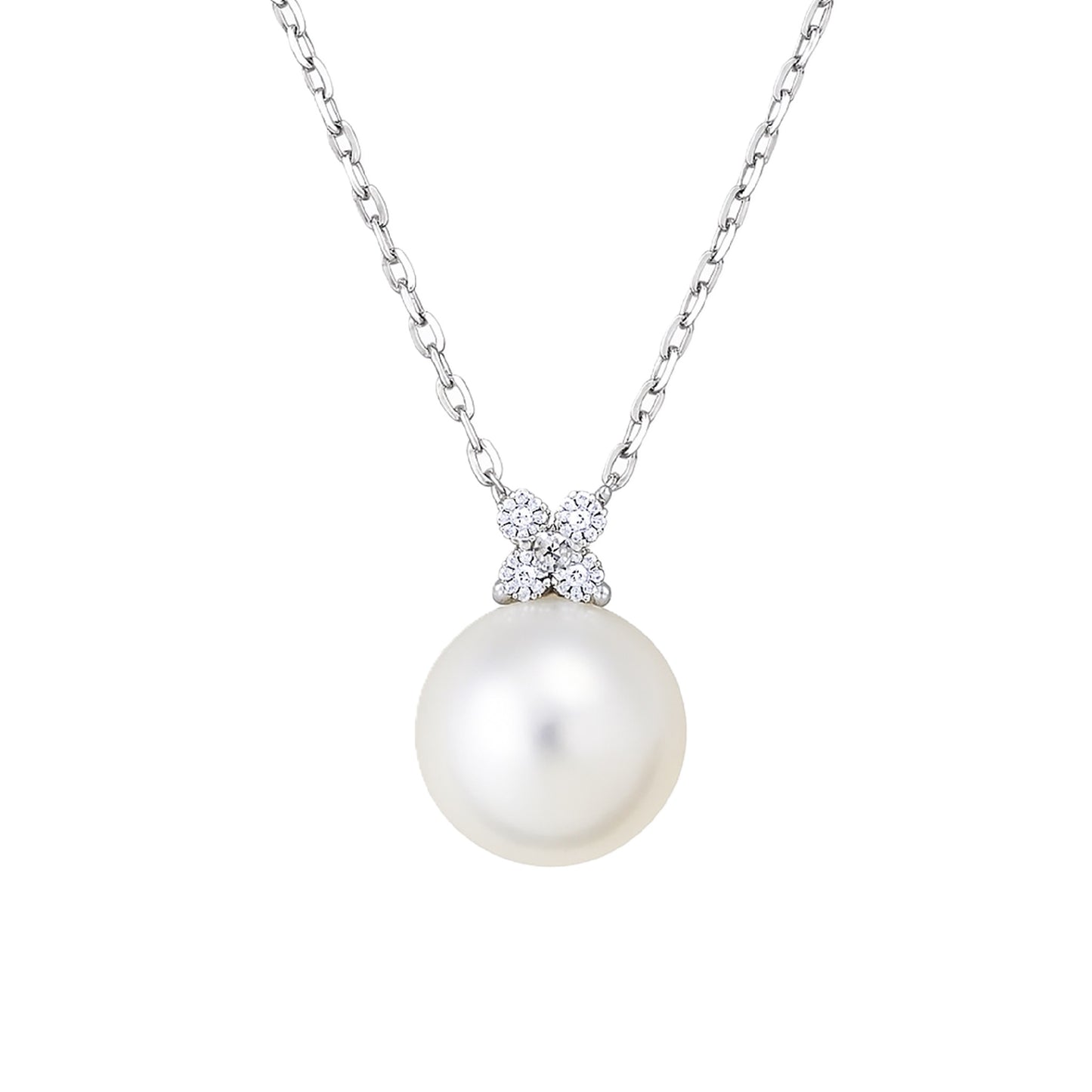 Elegant freshwater pearl pendant necklace with a sterling silver chain and a cubic zirconia accent.