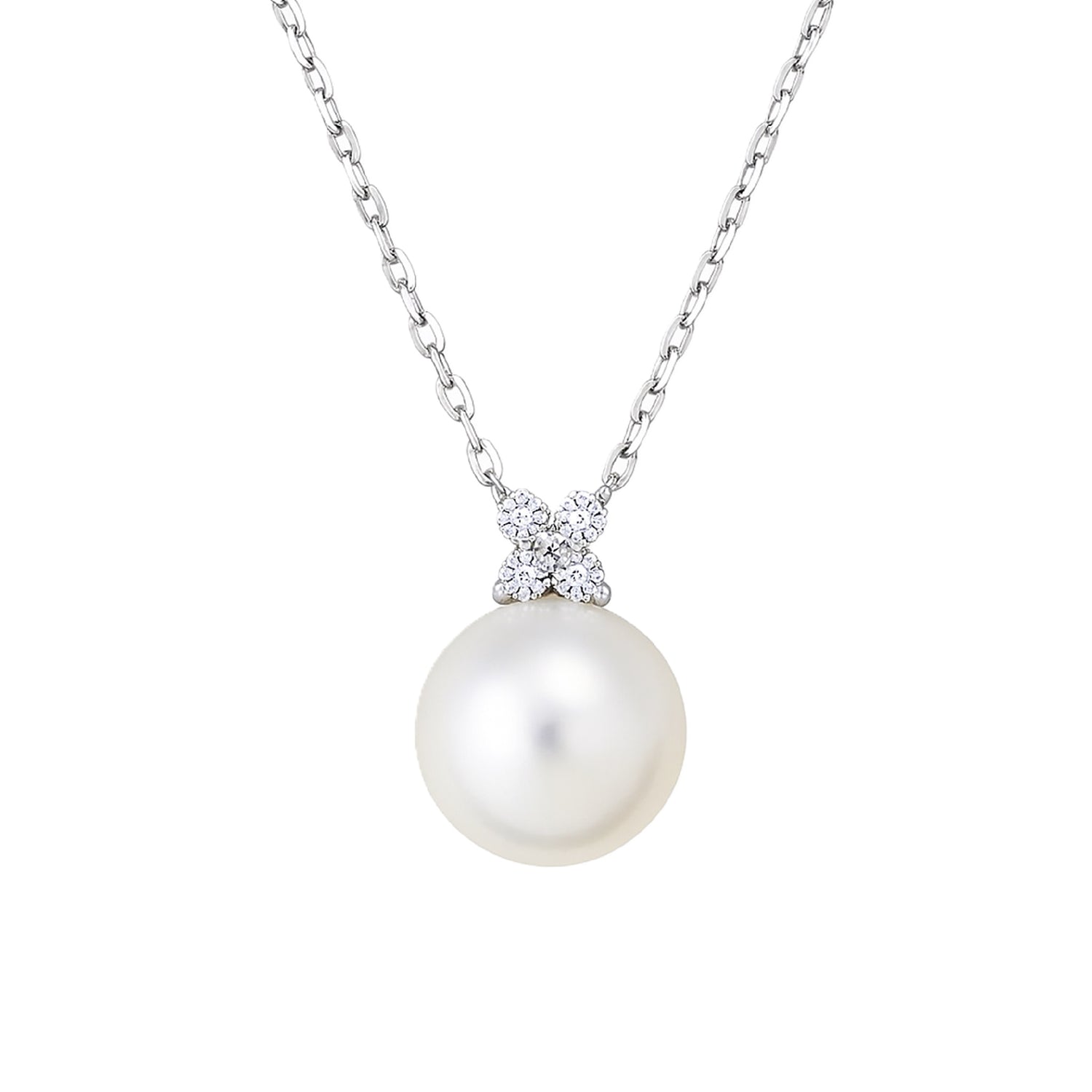 Elegant freshwater pearl pendant necklace with a sterling silver chain and a cubic zirconia accent.