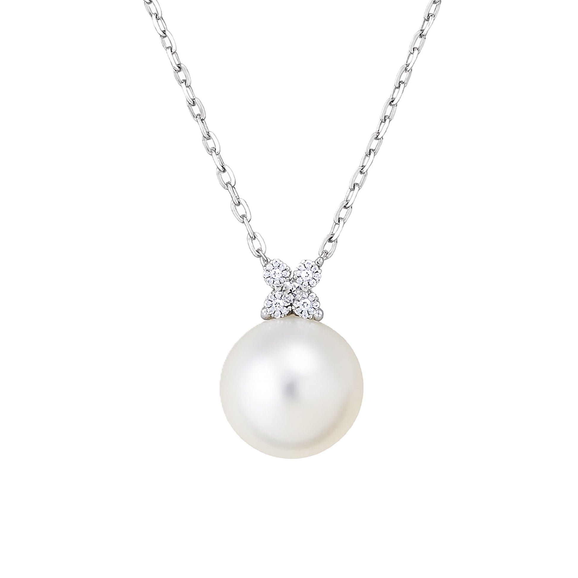 Elegant freshwater pearl pendant necklace with a sterling silver chain and a cubic zirconia accent.