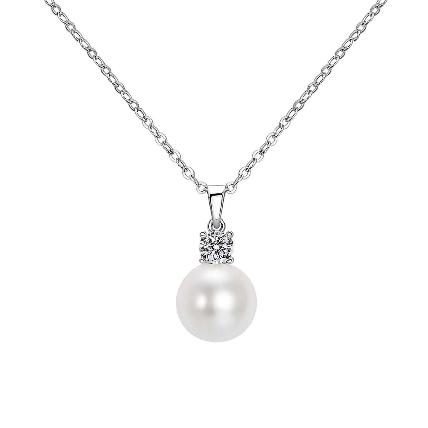Elegant freshwater pearl pendant necklace featuring a near-round pearl on a sterling silver chain.