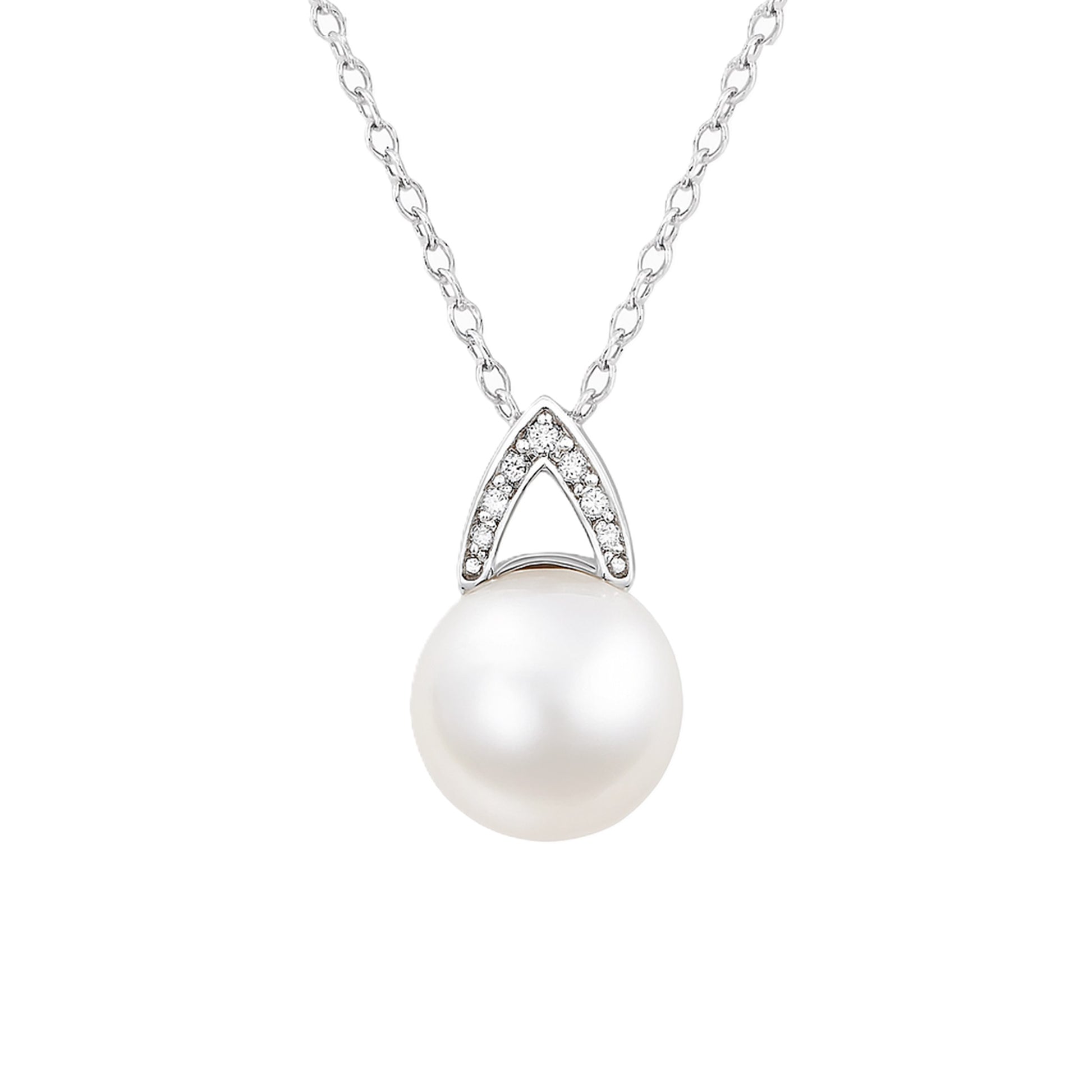 Elegant freshwater pearl pendant necklace featuring near-round pearl and sterling silver clasp.