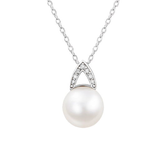 Elegant freshwater pearl pendant necklace featuring near-round pearl and sterling silver clasp.